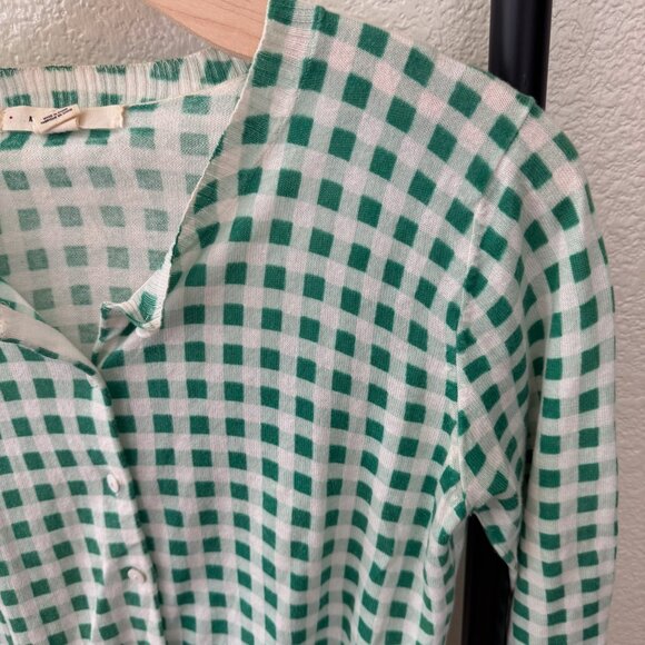 Anthropologie Moth Green Gingham Lightweight Cardigan - Picture 3 of 9